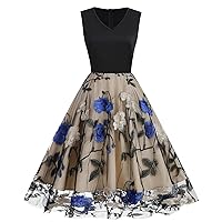 Floral Embroidered Dress for Women 1950s Sleeveless V Neck Butterfly Mesh Dress Vintage Cocktail Prom Tulle Swing Dresses