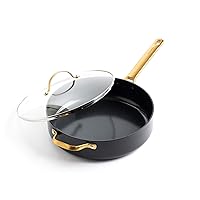 Reserve Hard Anodized Healthy Ceramic Nonstick 4.5QT Saute Pan Jumbo Cooker with Helper Handle and Lid, Gold Handle, PFAS-Free, Dishwasher Safe, Oven Safe, Black