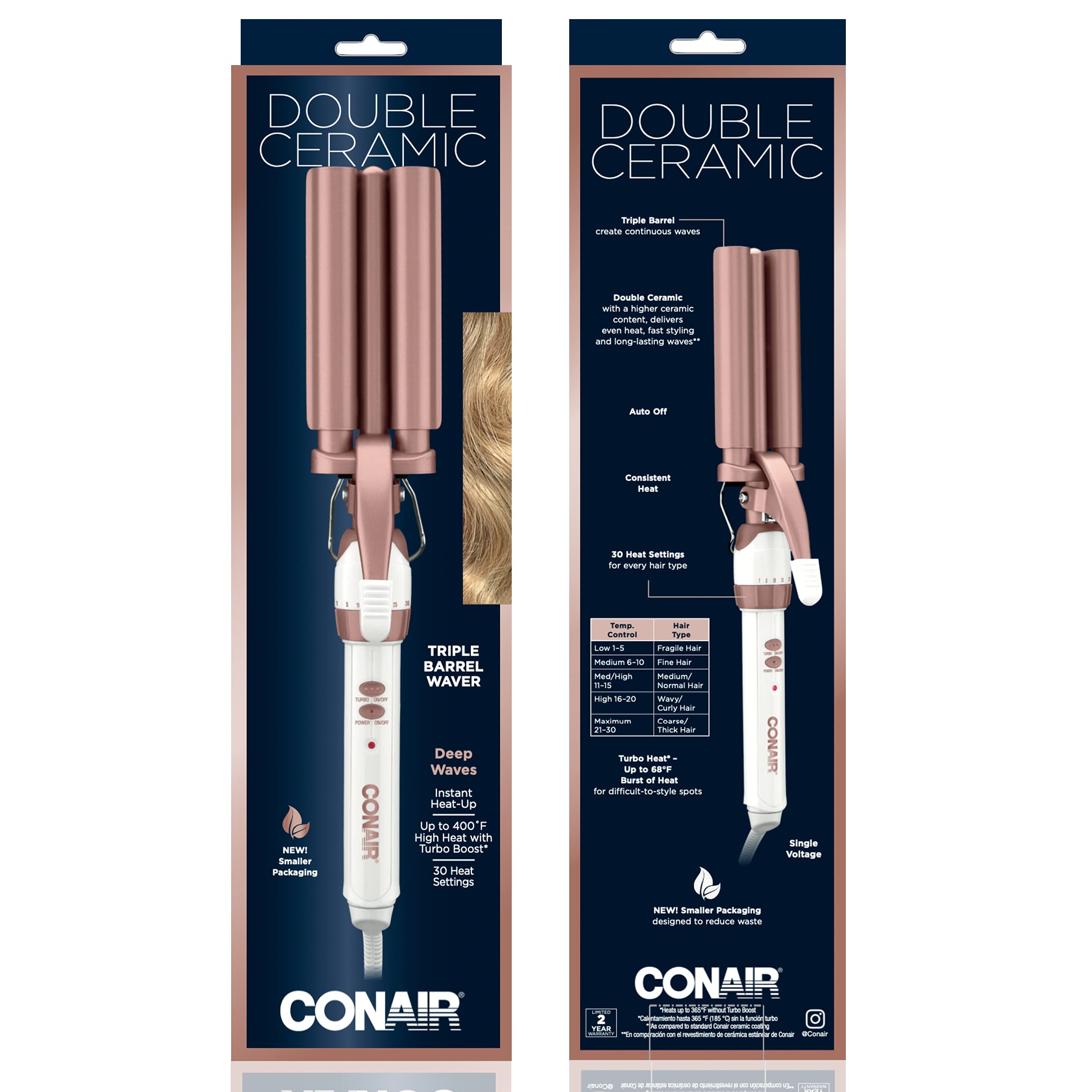Conair Double Ceramic 3 Barrel Curling Iron, Hair Waver, Create Beachy Waves, Long-Lasting Natural Tight Waves for all Hair Lengths