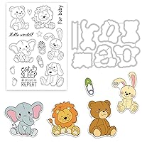 GLOBLELAND Animal Doll Cut Dies and Clear Stamp Set Bunny Dog Elephant Bear Embossing Template and Silicone Stamp for Card Scrapbook Card DIY Craft