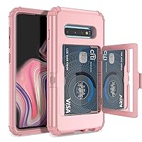 S10 Plus Wallet Case Defender Wallet Card Holder Cover with Hidden Mirror Three Layer Shockproof Heavy Duty Protection All-Round Armor Protective Case for Samsung Galaxy S10+ Plus Pink