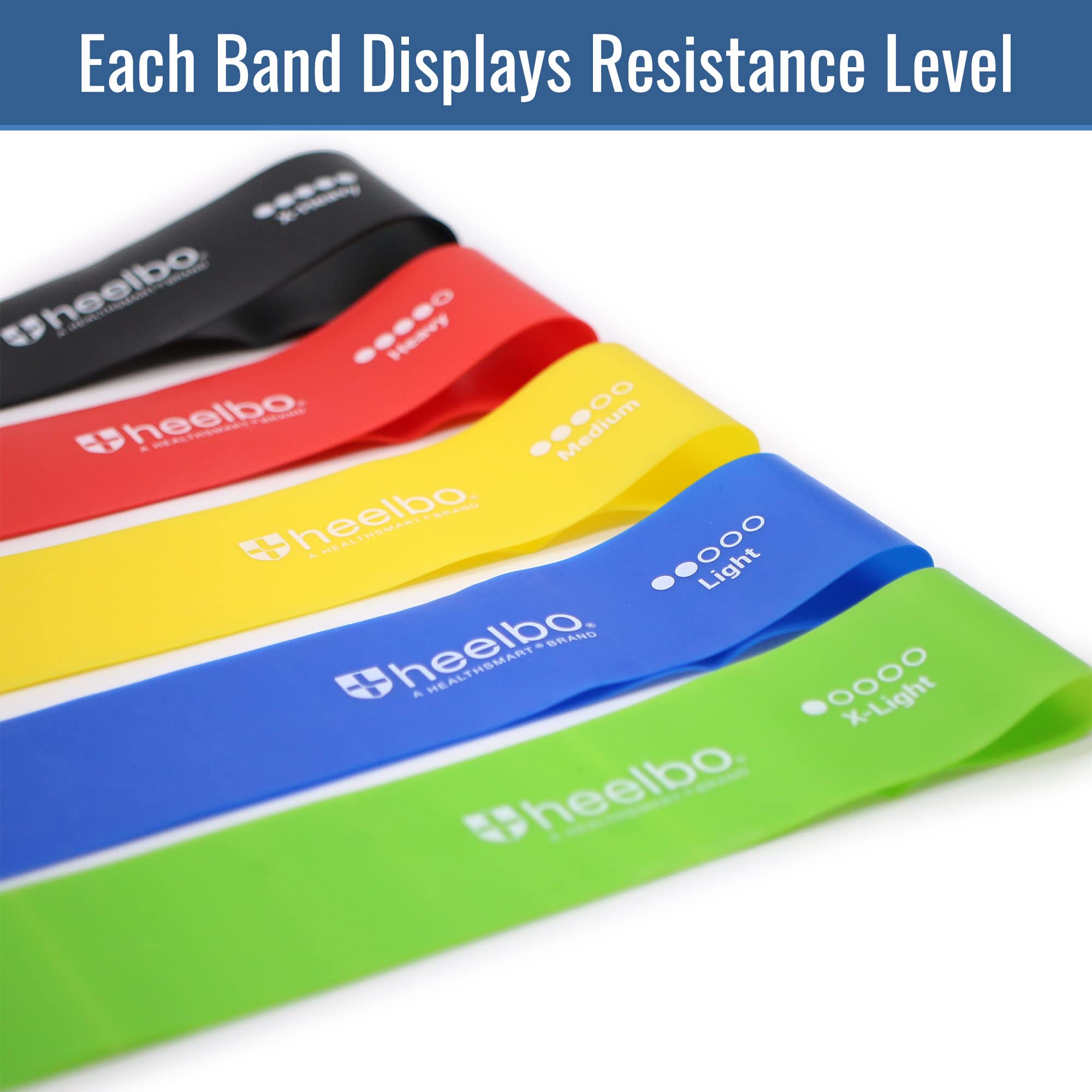 Heelbo Physical Therapy Rubber Resistance Bands with 5 Levels of Resistance, Durable and Long-Lasting, FSA & HSA Eligible, Includes 5 Bands, Travel Bag & Instruction Manual