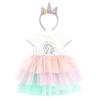 Lilax Little Girls Unicorn Dress, Layered Rainbow Tutu Gown with Unicorn Headband