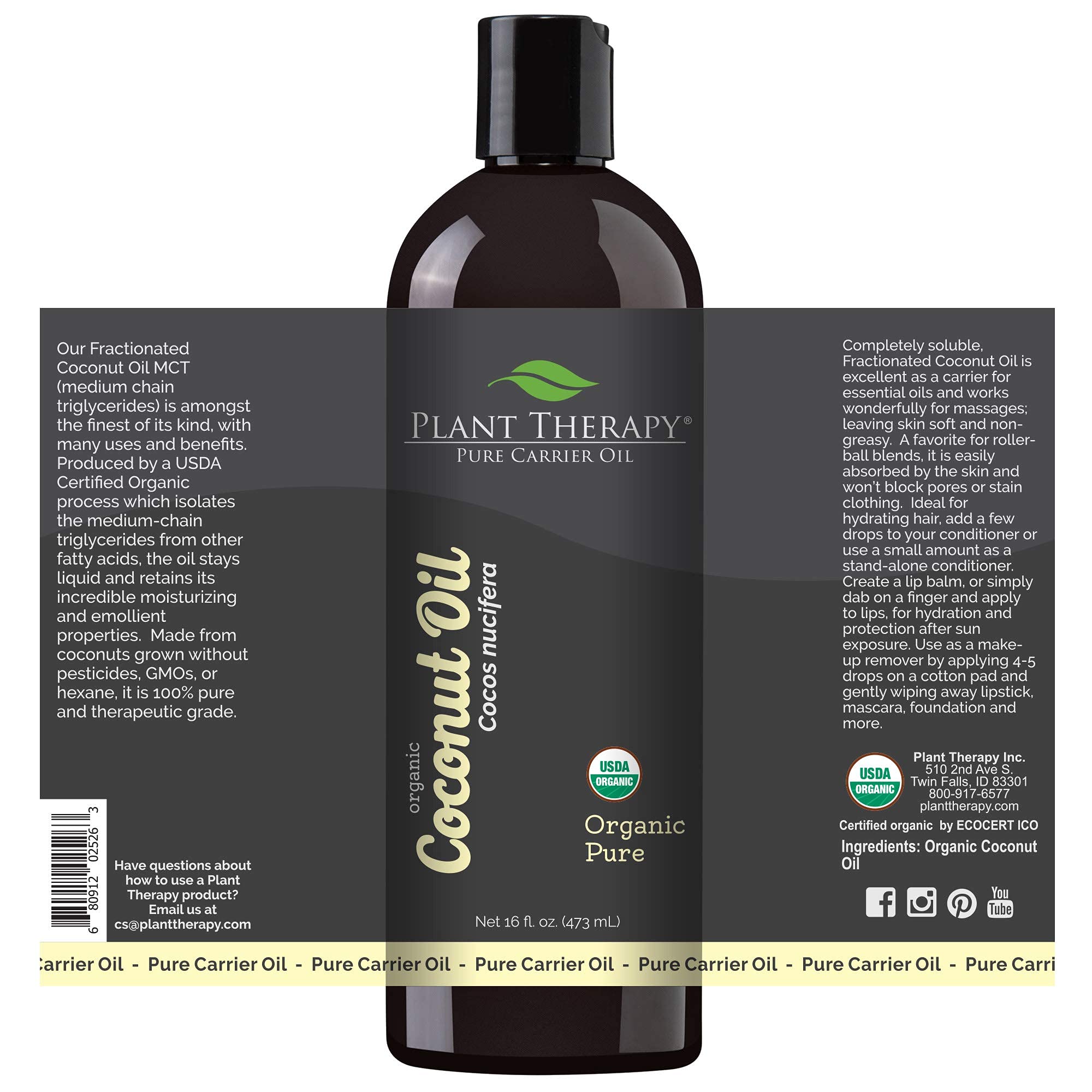 Plant Therapy Organic Fractionated Coconut Oil for Skin, Hair, Body 100% Pure, USDA Certified Organic, Natural Moisturizer, Massage & Aromatherapy Liquid Carrier Oil 16 oz