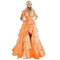Tiered Tulle Prom Dresses V-Neck Formal Evening Gown for Women Long A-Line Party Gowns with Slit