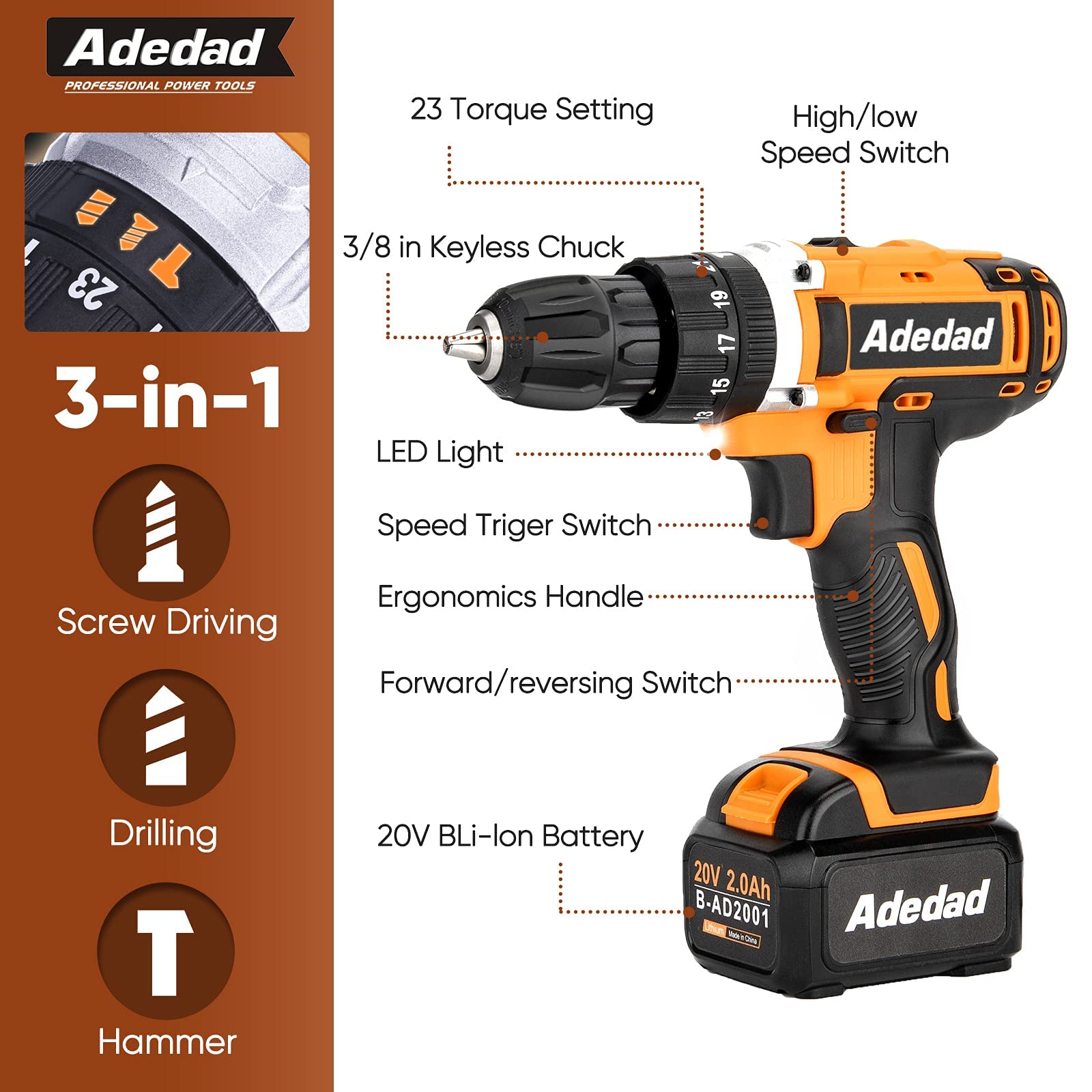 Adedad 20V Cordless Drill Set Electric Power Drill Kit with 2 Batteries and Charger,300 in-lbs Torque, 3/8 Inch Keyless Chuck, 23+1 Position,2 Variable Speed, LED Light and 48pcs Accessories