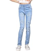 Girls Denim Jeans Comfort Stretchy Jeggings Stars Ripped Pants Mid Blue Trendy Fashion Jeans 5-13 Years