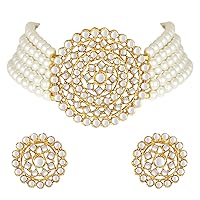 Faux Pearl Kundan White Choker Necklace with Round Earrings Indian Traditional Bollywood Jewelry Set for Women Girls