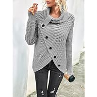 Women's Sweater Cowl Neck Raglan Sleeve Button Front Asymmetrical Hem Sweater Sweater for Women (Color : Gray, Size : Small)