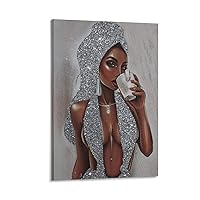 Art Poster African American Women Black Silver Glitter Wall Art Poster Canvas Wall Art Prints for Wall Decor Room Decor Bedroom Decor Gifts 12x18inch(30x45cm) Frame-style