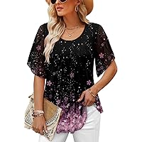 onlypuff Chiffon Blouses for Women Fashion 2024 Spring Tops Formal Elegant Casual 3/4 Shirts for Women Crew Neck Lightweight Pullover with Elasticity Pink Floral M