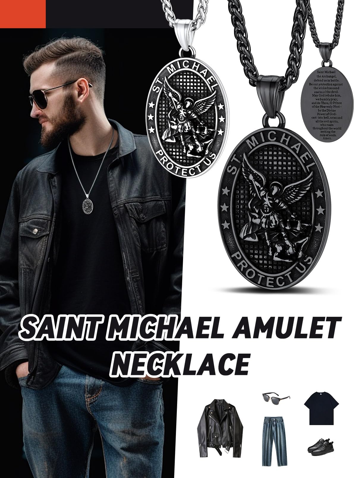 FaithHeart Saint Michael Necklace, Stainless Steel/18K Gold Plated St Michael the Archangel Pendant Amulet for Men Women with Gift Packaging