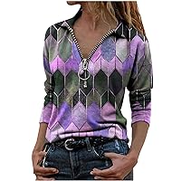 Women's Fall Fashion 2024 Long Sleeve Casual Elegant Half Zipper Pullover Blouse Loose Geometric Printed Shirt