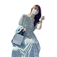 Lolita Gothic Dress Puff Sleeve Floral Dress Women's Summer New Round Neck Retro Long French Temperament Dress (Color : Blue, Size : Medium)