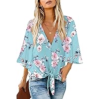 LookbookStore Women's V Neck Button Down Shirts 3/4 Bell Sleeve Tie Knot Blouse