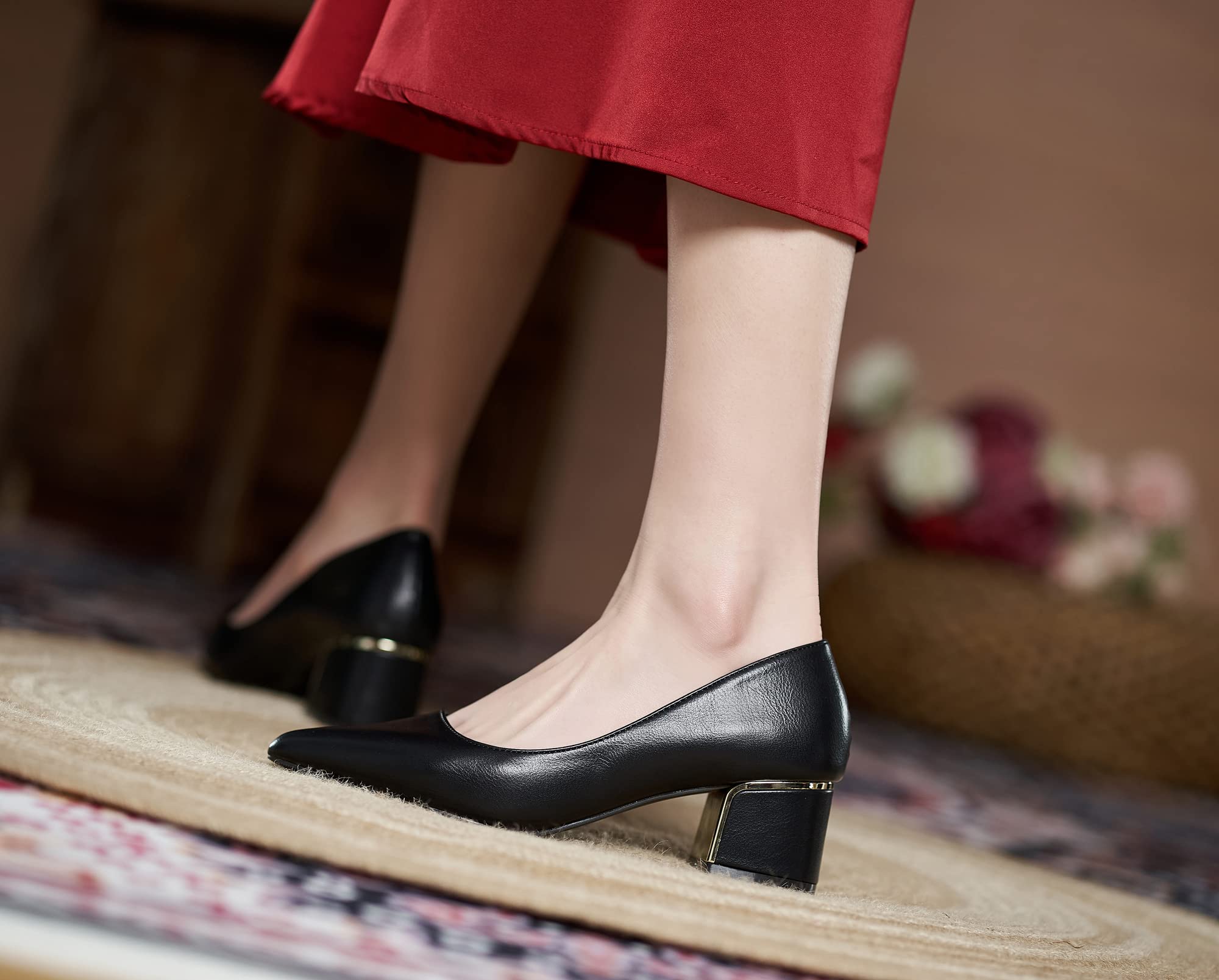 LizFoYa Women Leather Pump Shoe Office Daily Wear Work Pump Block Heel Pointed Toe Polished Mid Heels BlackW 3