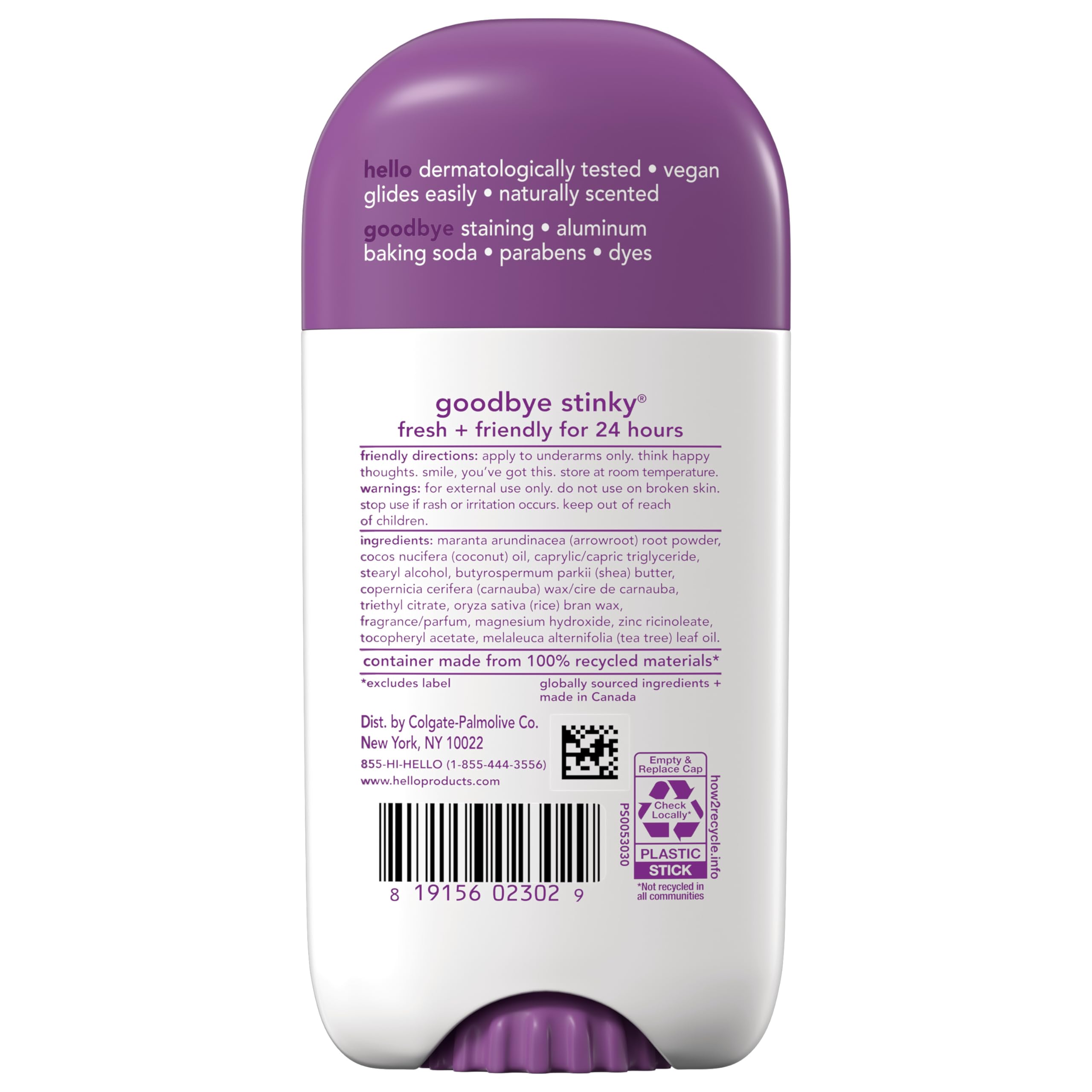 Hello Lavender Vanilla Aluminum Free Deodorant for Women and Men, 2.6 oz Stick
