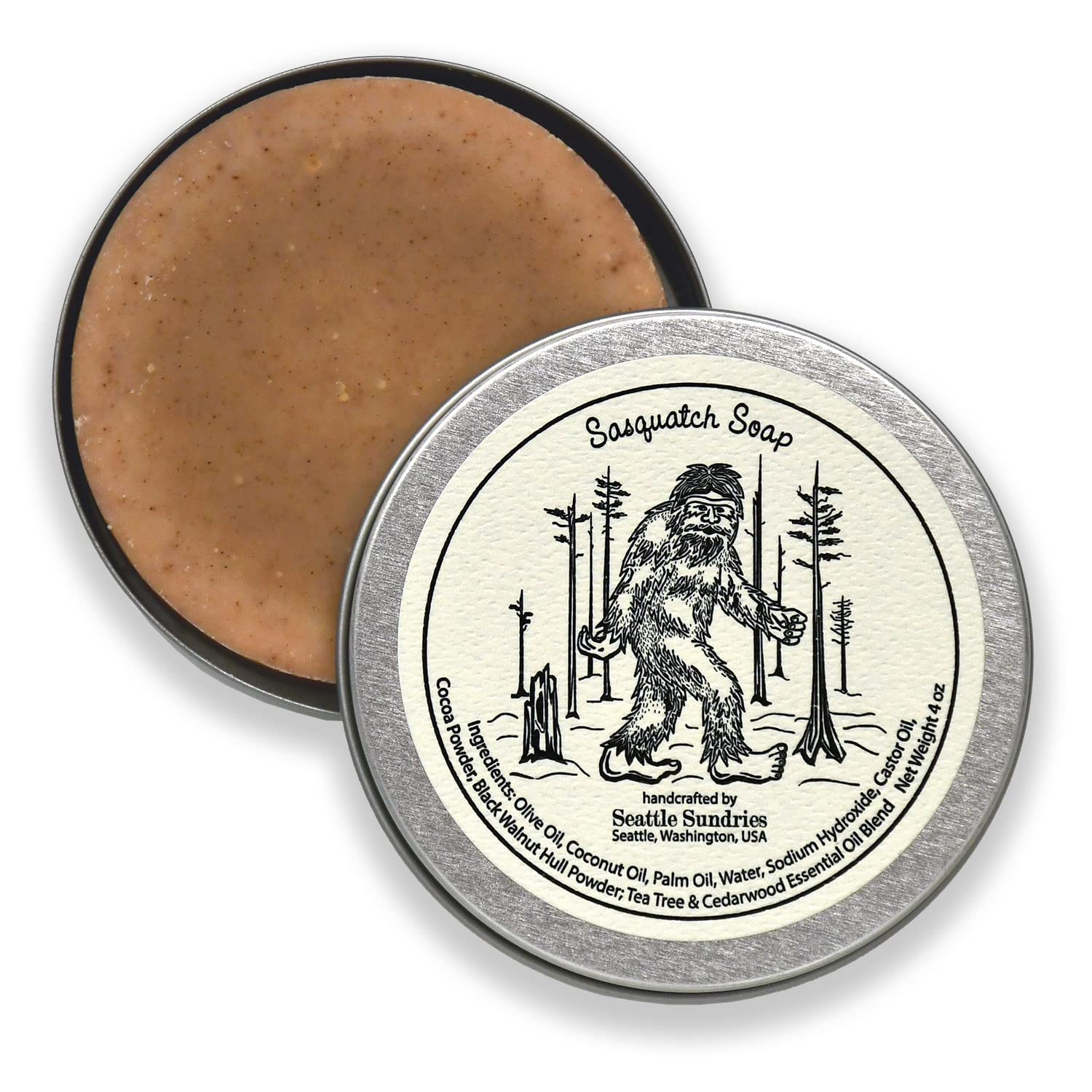 Seattle Sundries | Sasquatch Soap Bar Natural Skin Care, 1 (4oz) Handmade Soap Bar in a Recyclable Travel Tin, Woodsy Scent - Camp & Bigfoot Gift Idea.