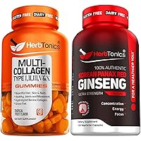 Herbtonics Multi Collagen Gummies Type 1,2,3,5 & 10 with Biotin for Hair Growth, Skin, Nails - Korean Red Panax Ginseng 1500mg - High Potency Ginseng for Energy, Performance & Immune Support for Men