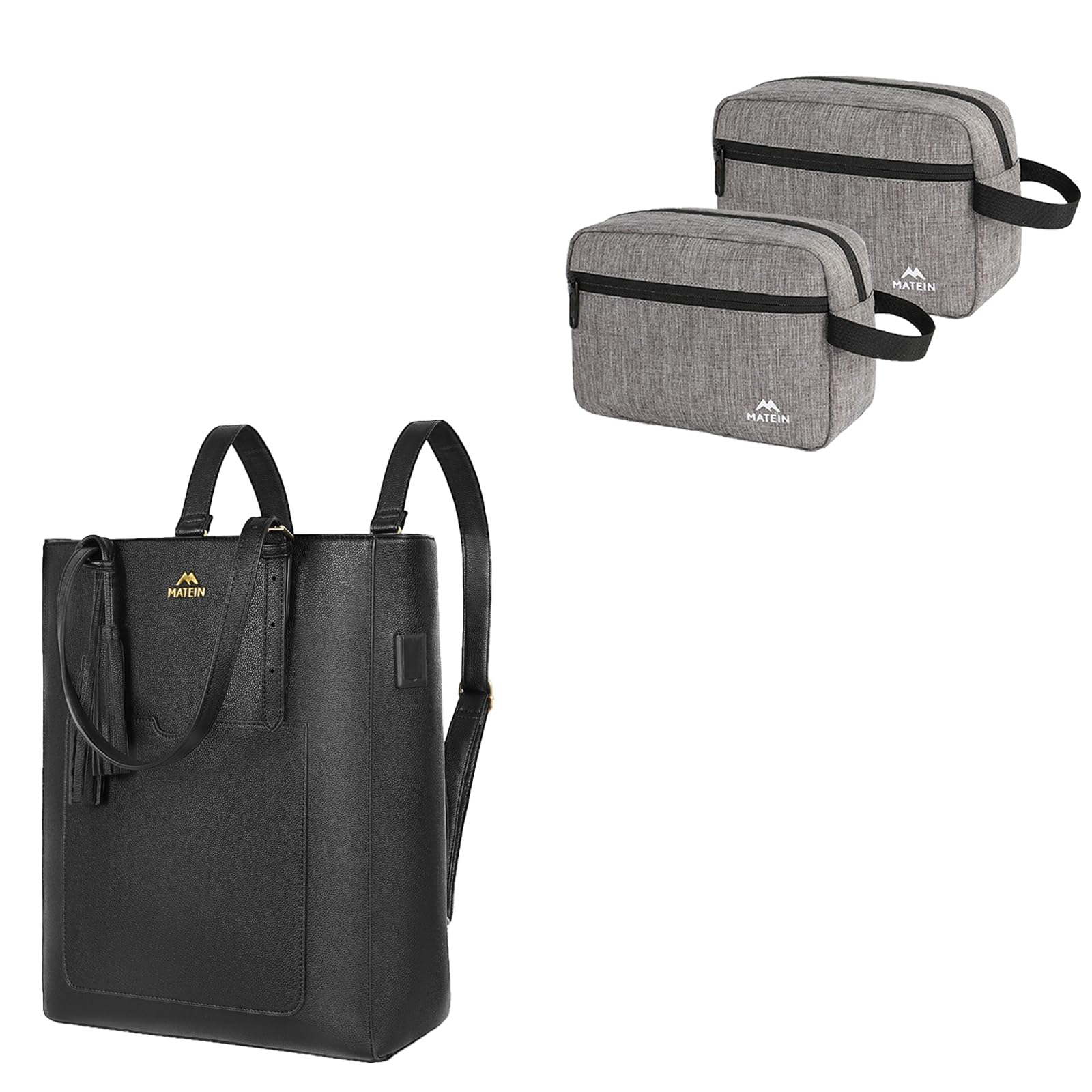 MATEIN Leather Laptop Backpack, 15.6 Inch Waterproof Convertible Backpack Purse for Women, Toiletry Bag for Men (2 Packs), Waterproof Dopp Kit Bathroom Shaving Bag for Toiletries