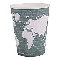 Compostable Disposable Insulated World Art 12oz Coffee Cups, Case of 600, Renewable Double-wall Hot Paper Cup, Plant Based PLA Lining, No Sleeves Needed, Color Coded
