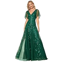 Ever-Pretty Women's Sequin Sparkly V-Neck Short Sleeve Maxi Evening Dress Prom Gowns 00734