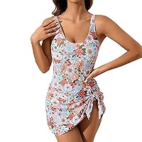 Women's Ruched High Cut One Piece Swimsuit Swimdress Tie Knot Skirt Bathing Suits Hawaiian Cover Ups Bikini Swimwear Gift