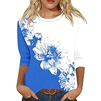 Blue and White Tops for Women Shirts for Women Graphic Tees Professional Shirts for Women Womens Tops Summer 3/4 Sleeve Round Neck Shirts Print Graphic Tees Blouses Tops Blue Small