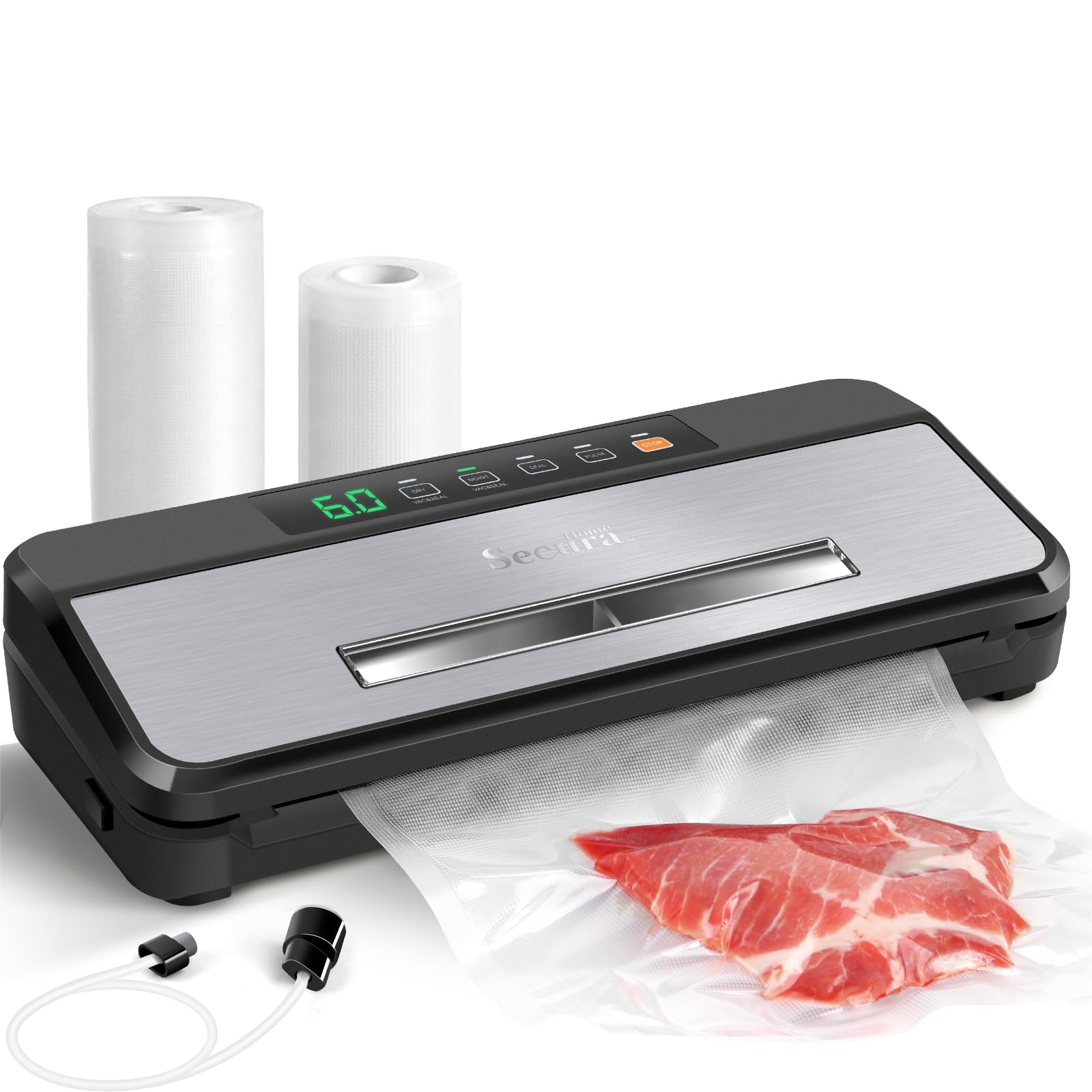 Secura Vacuum Sealer Saver Machine, Visual Operation Window Automatic Food Sealer with Built-in Cutter/Bag Storage/Air Suction Hose, 7-in-1 Easy Options for Food Storage and Saver