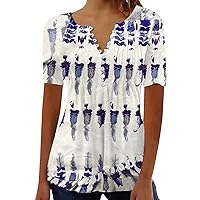 Women's Fashion Pleated V Neck Shirt Summer Dressy Casual Short Sleeve Blouses Feather Printed Loose Tunic Tops