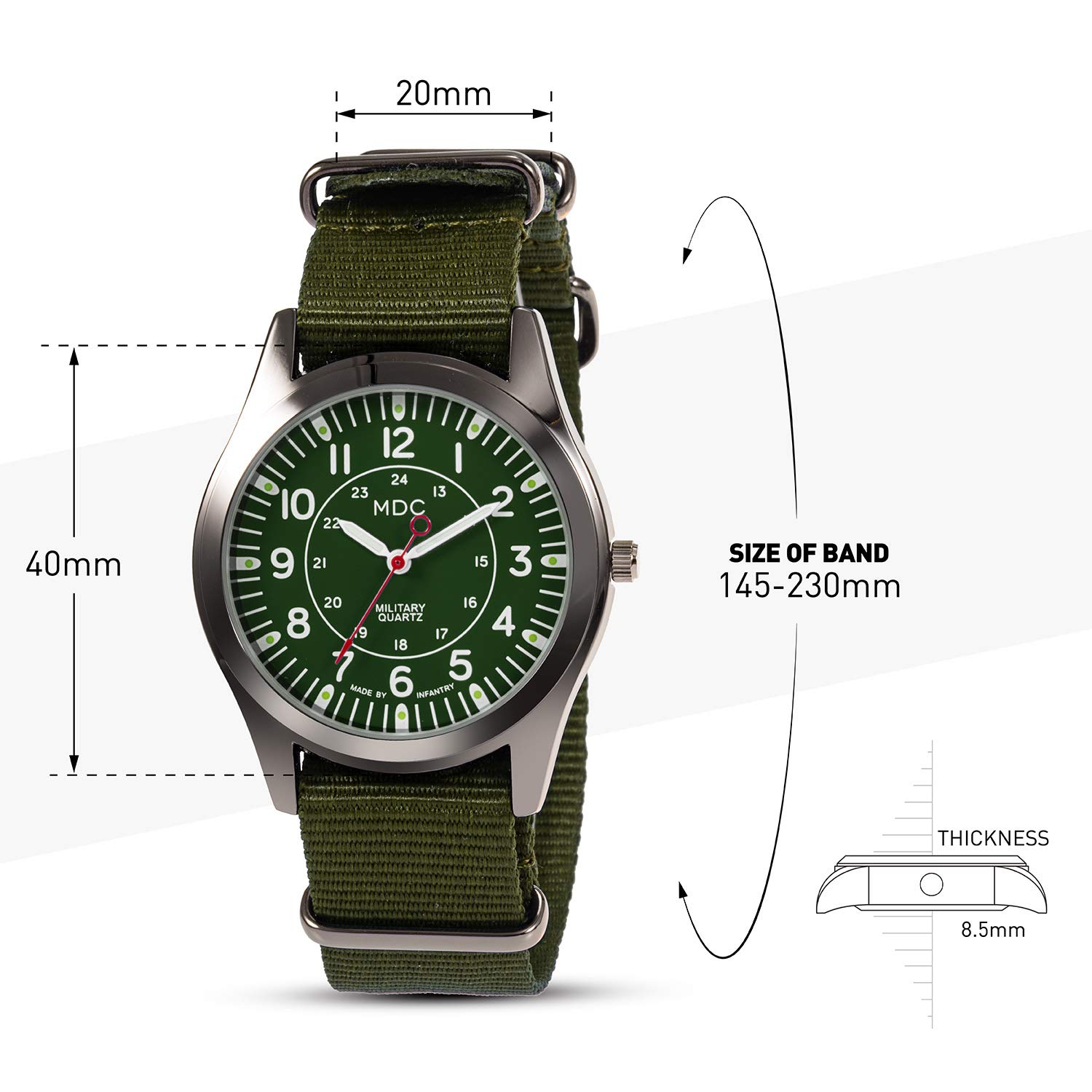 Infantry MDC Mens Analog Watch, 12/24 Hour Military Wrist Watches for Men Tactical, Army Field Wristwatch with Slip-Thru Nylon Band