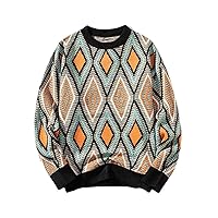 Men's Plaid Sweaters Classic Crewneck Sweaters Autumn Vintage Diamond-Shaped Lattice Pullovers Streetwear Tops