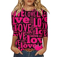 Womens Tops 3/4 Sleeve Shirts Round Neck Valentine's Day Shirts Cute Love Heart Graphic Tees Letter Print Blouse