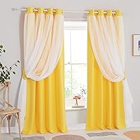PONY DANCE Blackout Curtains - Curtains 84 inches Long with Sheer Overlay Nursery Panels for Bedroom/Living/Dining Room, 52 W by 84 L, Lemon Yellow, 2 Pieces