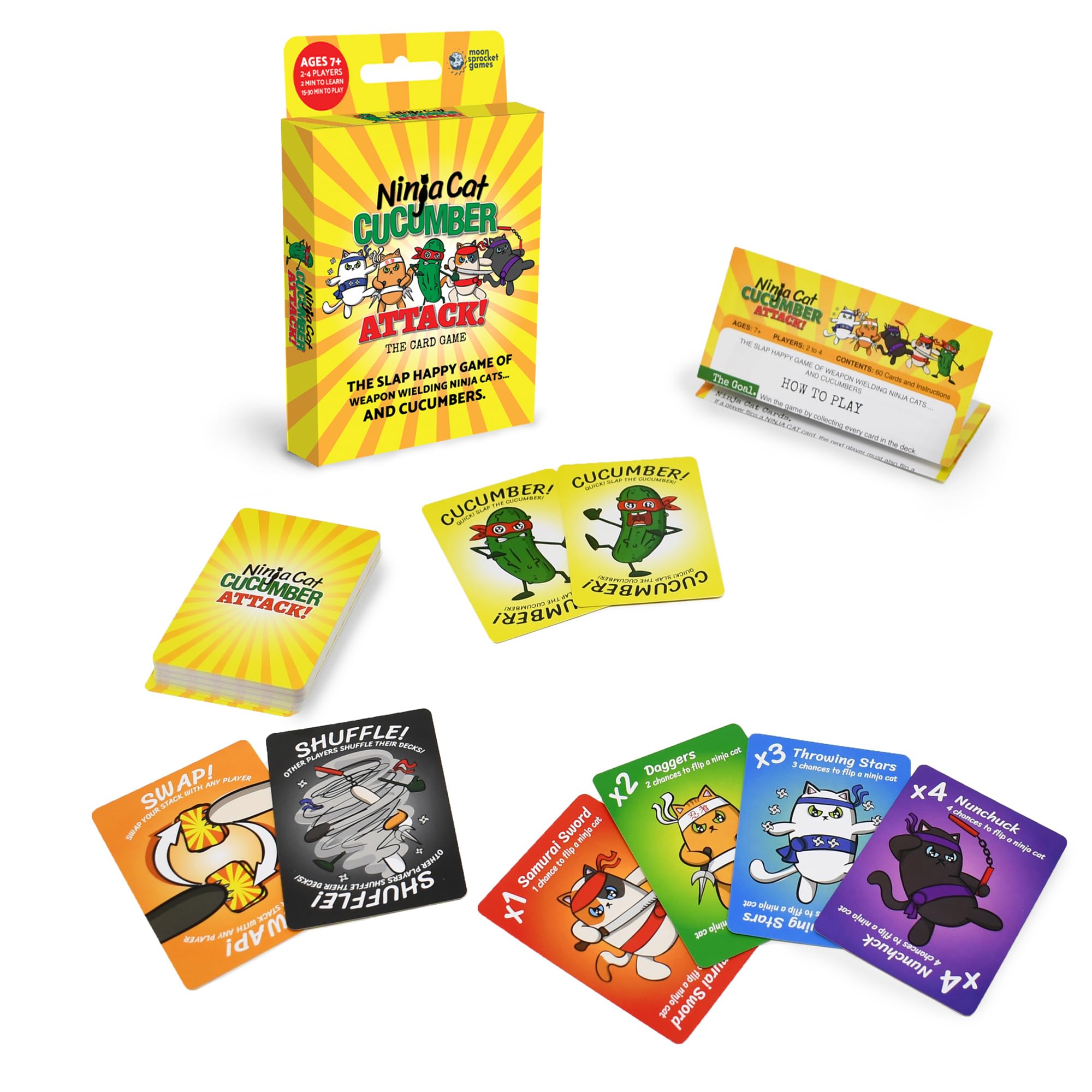 Moonsprocket Games Ninja Cat Cucumber Attack! Card Game - Fast-Paced Slap-Happy Game of Weapon-Wielding Ninja Cats, Fun for Family Game Night, Ages 5+, 2-4 Players, 13-30 Minute Playtime, Made