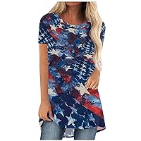 4th of July Shirt American Flag T-Shirt Women Long Tunics or Top to Wear with Leggings Plus Size Casual Loose Blouse