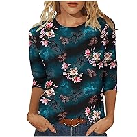 Womens Boho T-Shirts 3/4 Sleeves Crew Neck Floral Tees Blouses Summer Casual Loose Fit Vintage Cute Shirts for Vacation