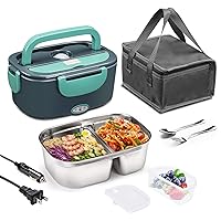 Electric Lunch Box 60W Food Heater, Upgraded 2 Compartments Portable Heated Lunch Box for Adults Car Truck Work Travel, Self Heating Lunch Box with 1.5L 304 SS Container, 110V/12V/24V