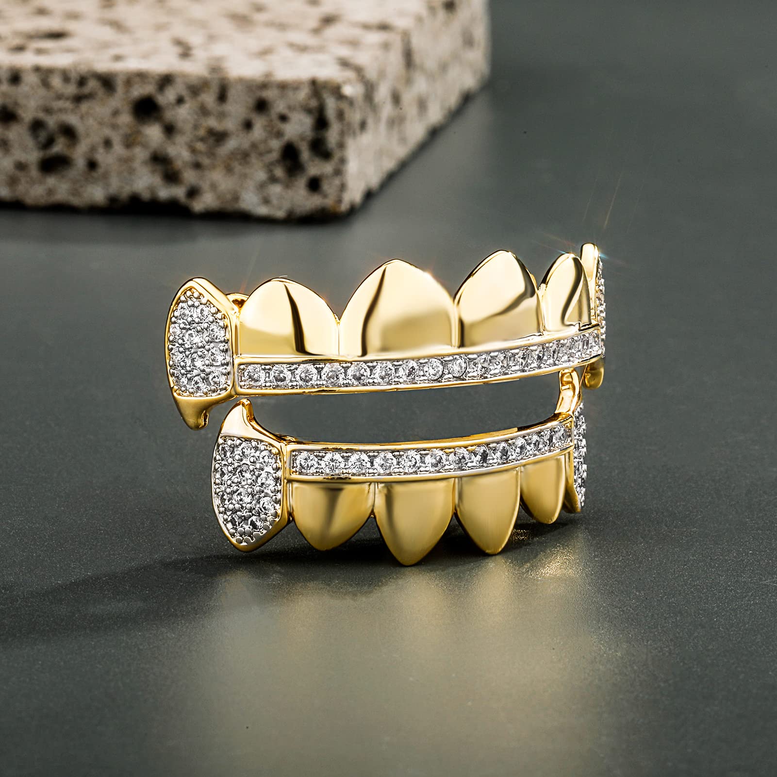 TOPGRILLZ 14K Gold Plated Iced Out CZ Top and Bottom Vampire Fangs Werewolf Grillz for Your Teeth Hip Hop Halloween Accessory