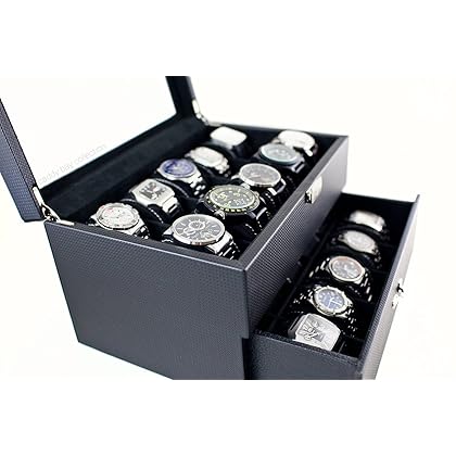 Caddy Bay Collection Carbon Fiber Pattern Glass Top Watch Case Display Storage Box Chest Holds 20 Watches with High Depth for Larger Watches