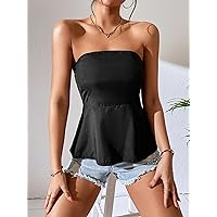 Women's Tops Shirts Sexy Tops for Women Solid Ruffle Hem Tube Top Shirts for Women (Color : Black, Size : X-Large)