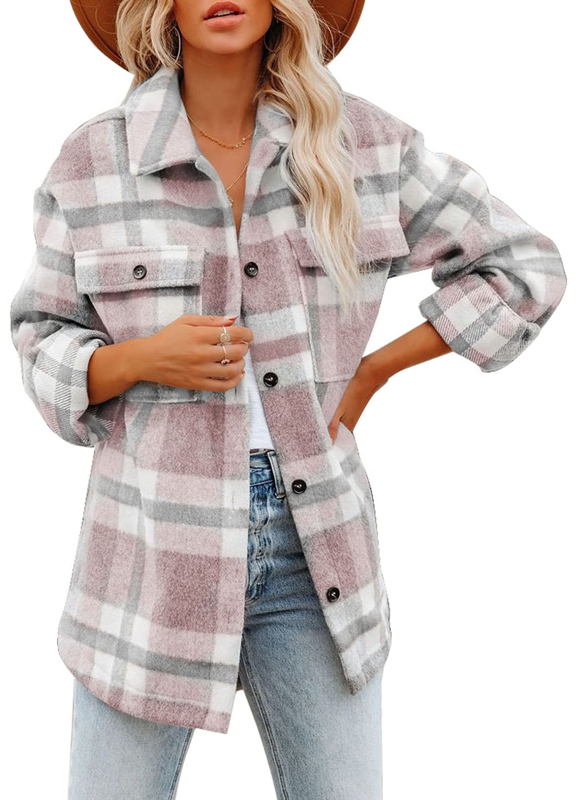 Dokotoo Womens Casual Plaid Button Down Long Sleeve Shirts Flannel Shacket Jacket Coats