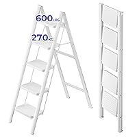 JOISCOPE 5 Step Ladder,Lightweight Folding Step Stool with Anti-Slip Pedal,600 lbs Portable Sturdy Steel Ladder for Adults,Multi Purpose Folding Ladder for Home Kitchen Office,Space Saving, White