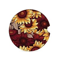 Red Autumn Sunflower Printed Car Coasters Wood Drinks Pad Absorbent Cup Holders for Car Travel Home Decor