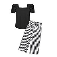 Arshiner Girls 2 Pieces Outfits Kids Square Neck Puff Sleeve Tops and Pants Set with Pockets 6-14 Years