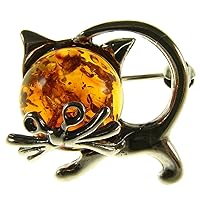 BALTIC AMBER AND STERLING SILVER 925 DESIGNER COGNAC CAT KITTEN ANIMAL BROOCH PIN JEWELLERY JEWELRY