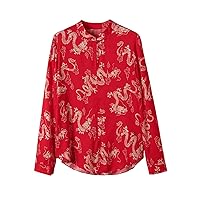 Women Blouse Silk Chinese Dragon Pattern Printed Mock Neck Long Sleeve Hand Button Red Retro Top 115