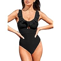 CUPSHE Women's One Piece Swimsuit V Neck Ruffle Cut Out Adjustable Straps Textured Back Twisted Knot