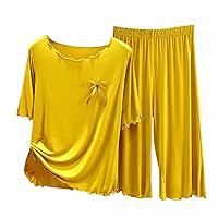 Womens Comfy Pajama Sets 2 Pcs Sets Bowknot Short Sleeve Pullover Shirt and Wide Leg Pants Solid Loungewear Outfits