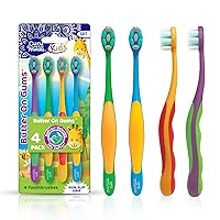 Butter On Gums Kids Toothbrush - 4 Pack Extra Soft Bristles Toothbrush for Kids, Multi-Colored & Fun to Use for Beginner Cleaning - Ergonomic Grip Handle - BPA & Cruelty-Free (Age 3+)